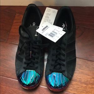 Adidas black suede superstar with metal toe
